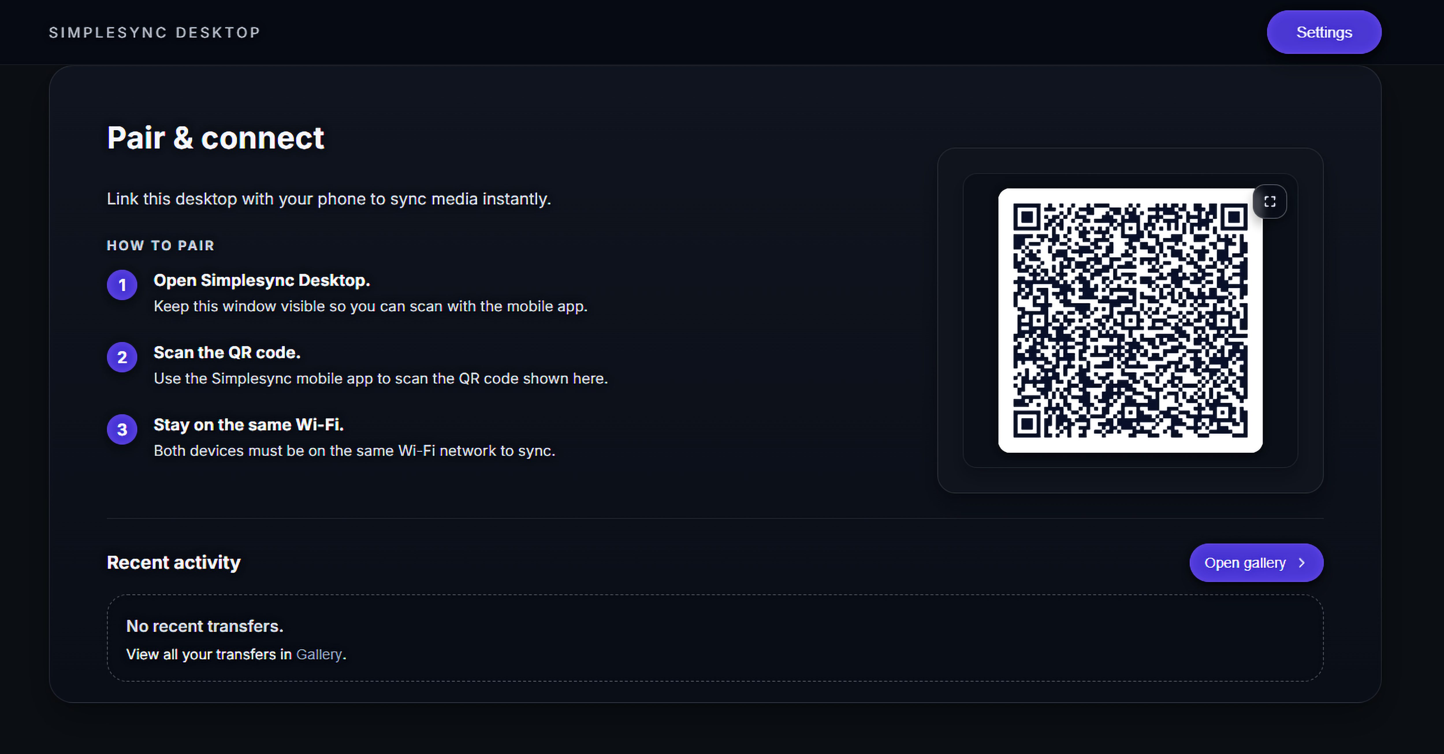 Simplesync desktop QR pairing screen